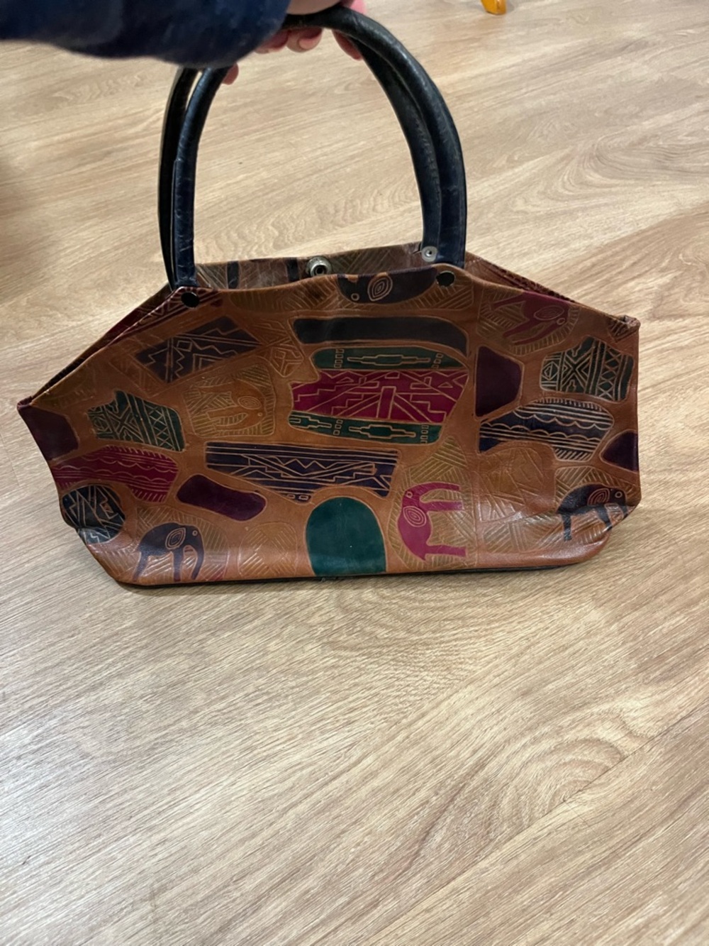 Vintage 1970s  print  Brown Patterned Leather Tote Bag with Black Handles